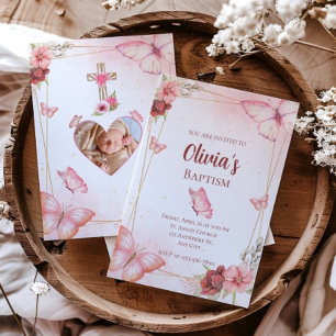 Invitación Color de agua rosa Floral Mariposa Foto Bautismo
