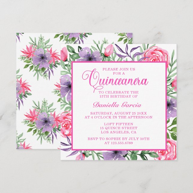 Invitación Color de agua rosa Floral moderna Quinceañera (Anverso / Reverso)