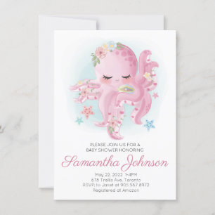 Invitación Color de agua rosa Floral Octopus Baby Shower