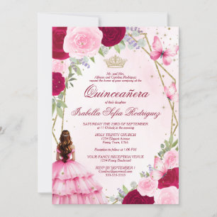 Invitación Color de agua rosa Princesa Auburn Hair Quinceaner