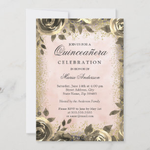 Invitación Color de agua rosa Purpurina dorado Floral Quincea