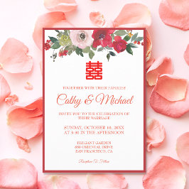 Invitación Color de agua rosa rojo florido moderno boda chino