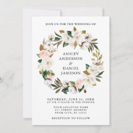 Invitación Color de agua rosa Roses blancos Magnolias Wreath