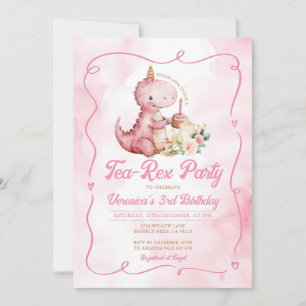 Invitación Color de agua rosa Tea-Rex Dinosaurio 1er cumpleañ