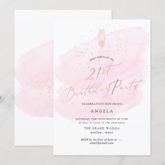 Invitación Color de agua rosa Vidrio de champaña+Burbujas