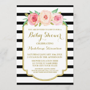 Invitación Color de agua rosada Floral Bandas negras Baby Sho