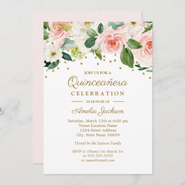 Invitación Color de agua rosada Floral Quinceanera 15 (Anverso / Reverso)
