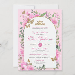 Invitación Color de agua rosada Mariposa dorada Quinceanera