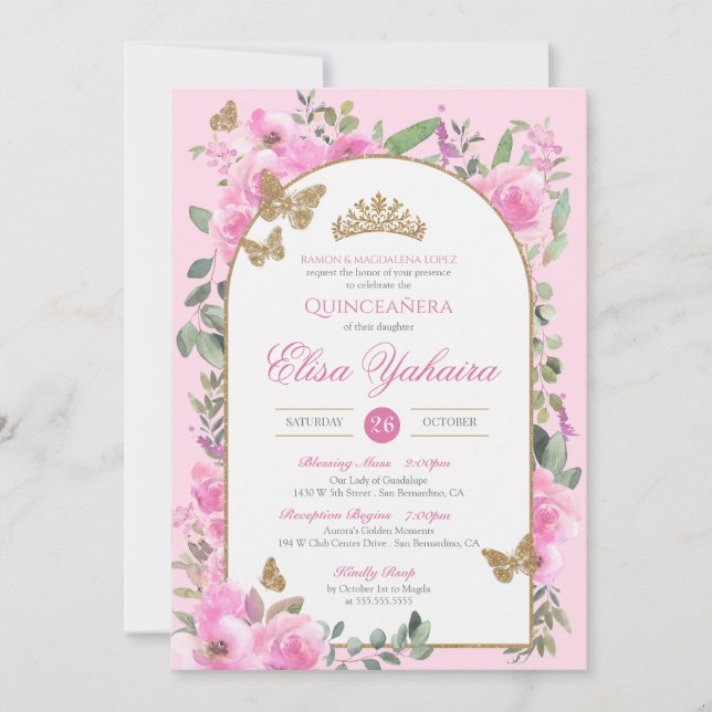 Invitación Color de agua rosada Mariposa dorada Quinceanera (Anverso)