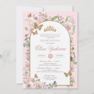 Invitación Color de agua rosada Mariposa dorada Quinceanera