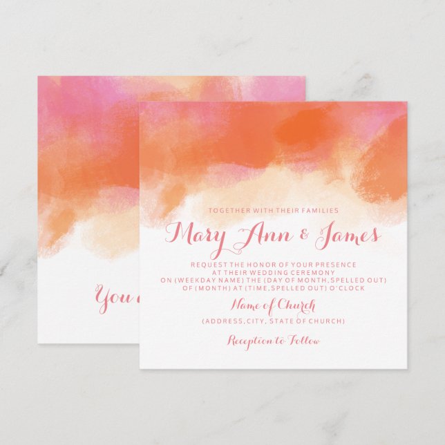 Invitación Color de agua rosada Rubor Boda verano (Anverso / Reverso)