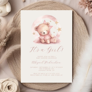 Invitación Color de agua rosada Teddy Bear Chica Baby Shower