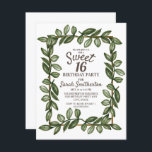 Invitación Color de agua verde deja dorado blanco dulce 16<br><div class="desc">Hermosa y elegante acuarela botánica verde deja en una blanca y dulce invitación de 16 cumpleaños con acentos dorados.</div>