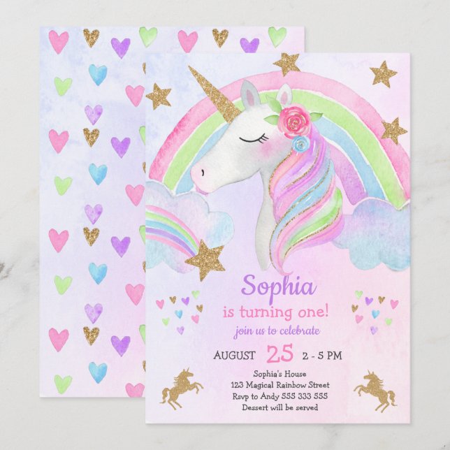 Invitación Color de arcoiris primer cumpleaños de unicornio (Anverso / Reverso)