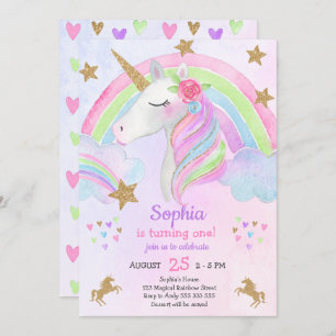 Invitación Color de arcoiris primer cumpleaños de unicornio