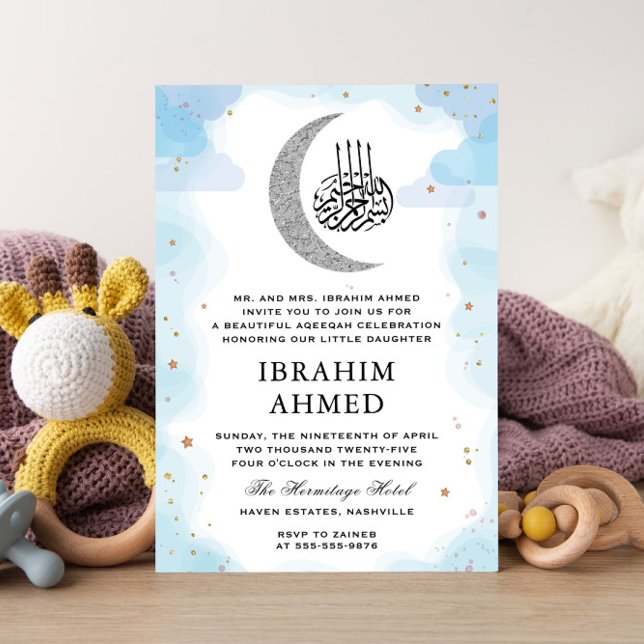 Invitación Color de la luna plateado azul Aqiqa Aqeeqa (Subido por el creador)
