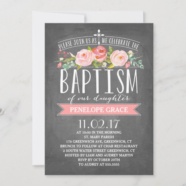 Invitación color de rosa del bautismo de la (Anverso)
