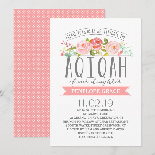 Invitación color de rosa del chica AQIQAH de la (Anverso / Reverso)