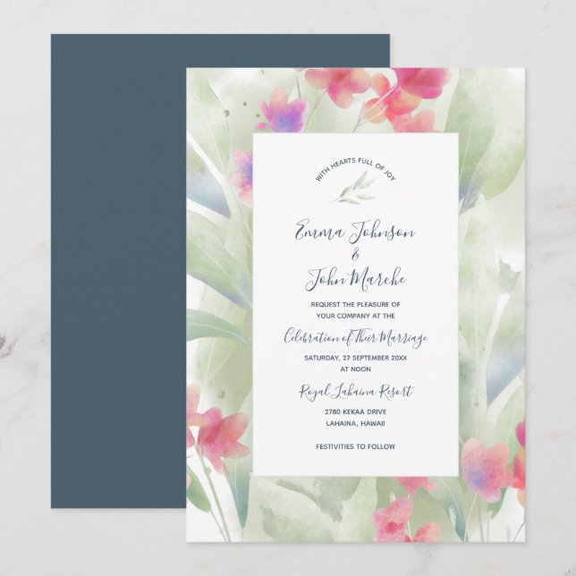 Invitación Color del agua de plumeria (Anverso / Reverso)