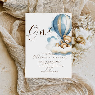 Invitación Color del agua del oso Primer cumpleaños Género Ne