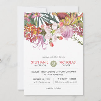 Invitación Color del agua pintado a mano boda de flores exóti