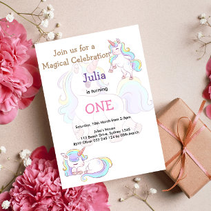 Invitación Color del arcoiris Niña Unicornio cumpleaños