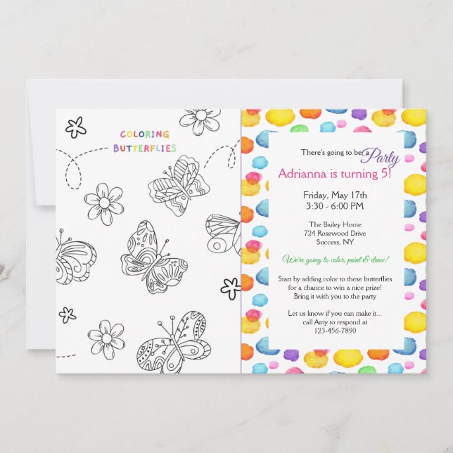 Invitación Color del cumpleaños de las mariposas  (Anverso)
