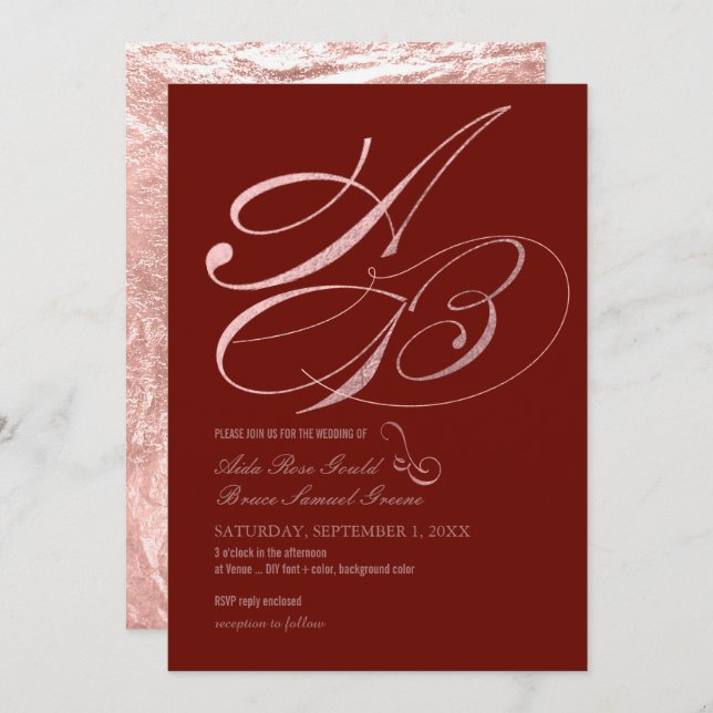 Invitación Color DIY, Monogramas, Faux Rosa Gold Fancy Script (Anverso / Reverso)