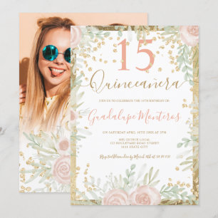 Invitación Color dorado de agua floral Quinceanera foto
