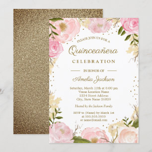 Invitación Color dorado rosado Rubor Floral Quinceanera