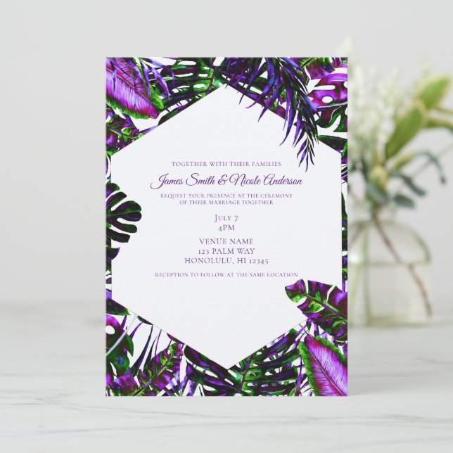 Invitación Color Eléctrico Tropical Hojas de Palma Boda Pop (Anverso de pie)