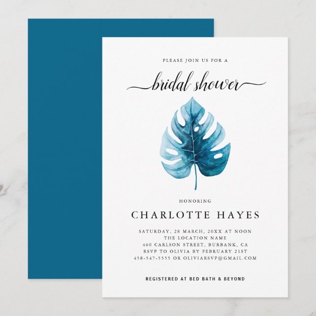 Invitación Color mínimo de agua Monstera Leaf Bridal Shower (Anverso / Reverso)