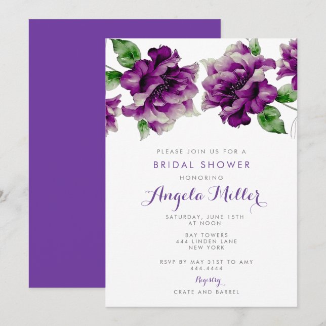 Invitación Color morado floral (Anverso / Reverso)