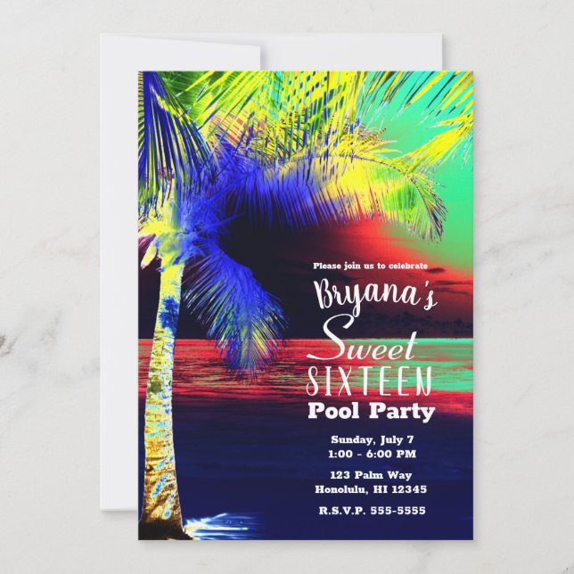 Invitación Color Neon Tropical Playa Palma Dulces 16 (Anverso)