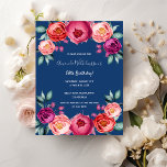 Invitación color rosa azul floral oro rosa<br><div class="desc">Una elegante tarjeta de invitación para una fiesta de cumpleaños número 50 (o cualquier edad). Flores contemporáneas de color rosa, violeta y oro rosa coloreadas en color agua, flores como decoración. Un fondo azul marino de moda. El nombre está escrito con un guión de estilo con letras a mano blanca....</div>