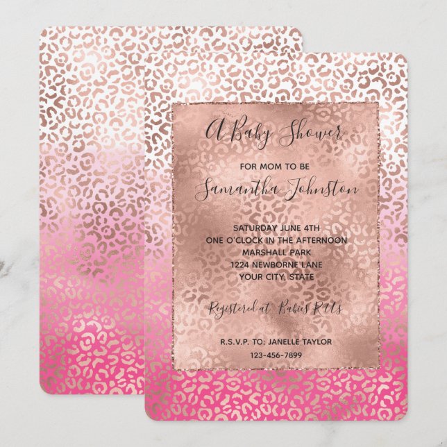 Invitación Color rosa Ombre Leopardo Imprimir Baby Shower (Anverso / Reverso)