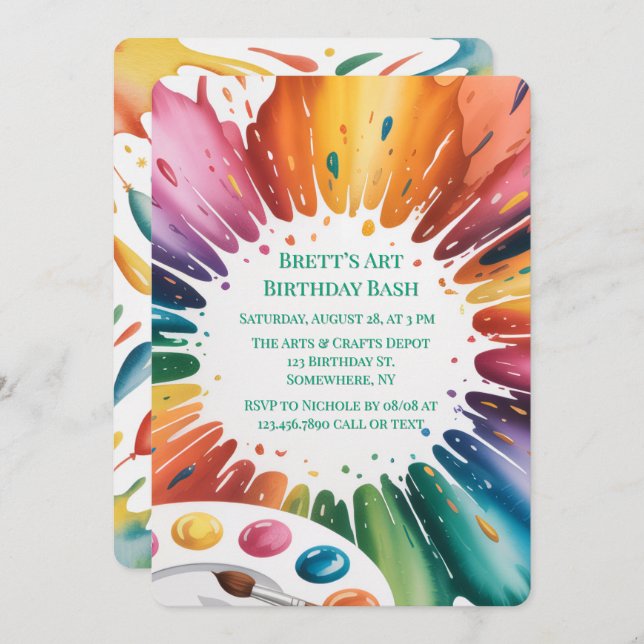 Invitación Color Splash Art Birthday Bash (Anverso / Reverso)