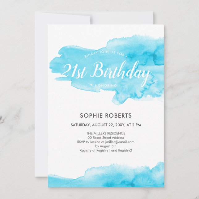 Invitación Color turquesa acuarela Splash 21º cumpleaños (Anverso)