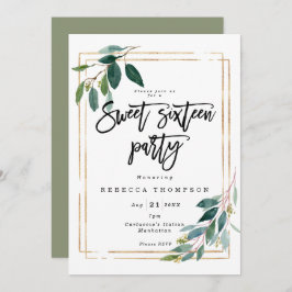 Invitación color verde oro fino geométrico moderno dulce 16