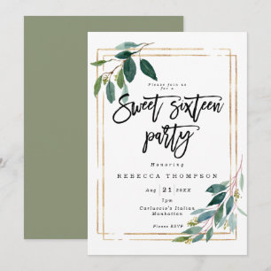Invitación color verde oro fino geométrico moderno dulce 16