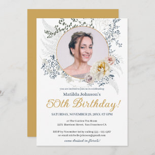 Invitación Colorante amarillo floral foto 50 cumpleaños