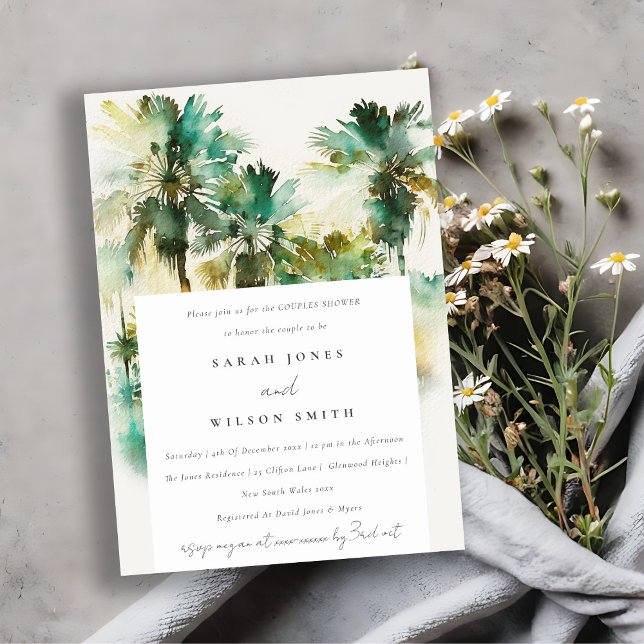 Invitación Colorante tropical verde Palm Tree Couples Ducha (Subido por el creador)