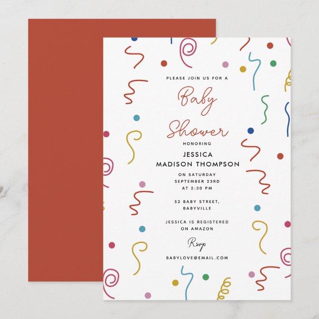 Invitación Colored Party Confetti Baby Shower (Anverso / Reverso)