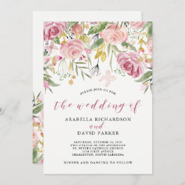 Invitación Colores acuáticos| Boda floral rosa y dorada