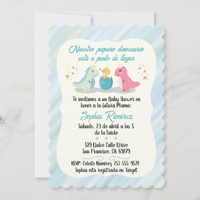 Invitación Colores acuáticos de dinosaurios Baby Shower españ (Anverso)