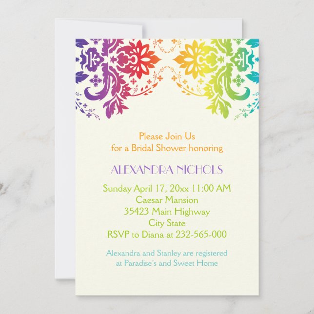 Invitación Colores arcoiris damasco ducha de novia (Anverso)
