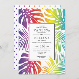 Invitación Colores arcoiris hojas tropicales boda lesbiana ga