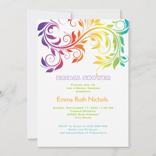 Invitación Colores arcoiris perpendicular hoja boda ducha de  (Anverso)