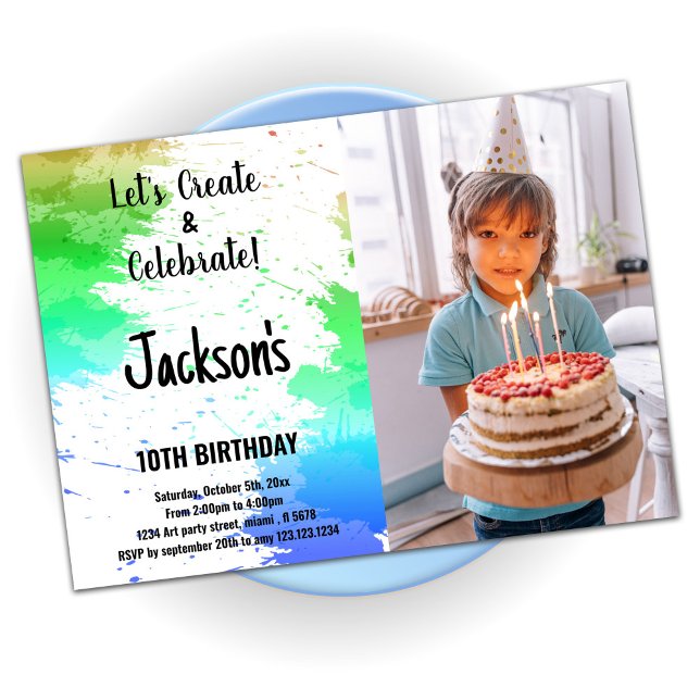 Invitación Colores blancos verdes pintan cumpleaños con foto (Subido por el creador)