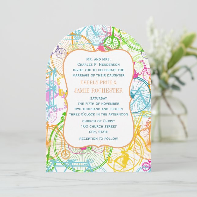 Invitación Colores brillantes Boda de bicicleta de época esti (Anverso de pie)